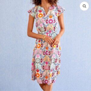 Talbots Floral Tile Print Smocked Cotton Dress Size 12 Fit & Flare Garden Party